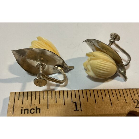 Vintage Sterling Silver & Yellow Bakelite Tulip Flower Clip-On Earrings 1"H - Picture 4 of 4